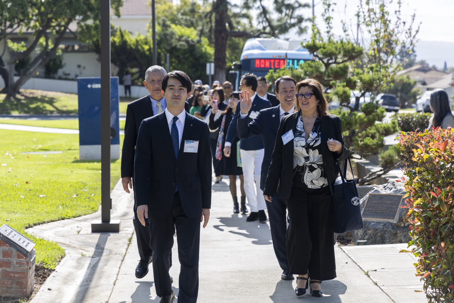 An Ashiya delegation walking through Montebello during the 2026 community exchange