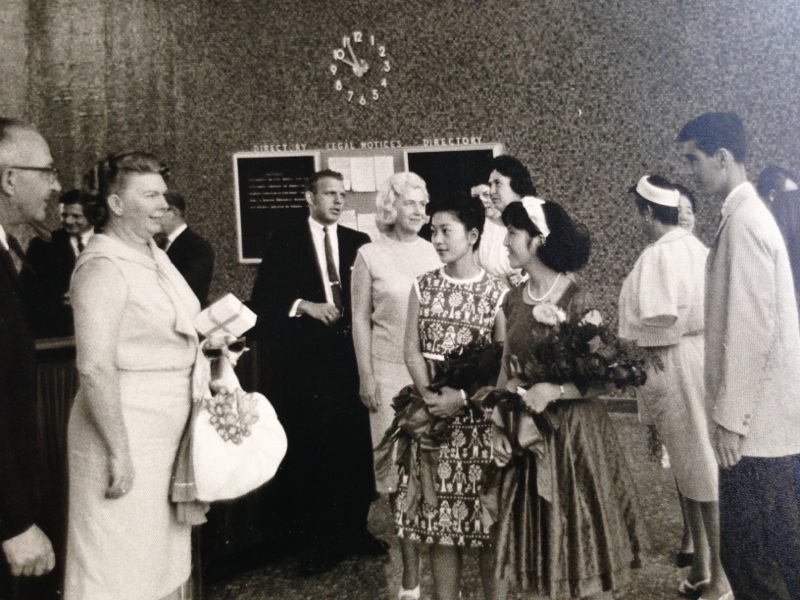 Ashiya Student Ambassadors Masuda and Fukunaka meeting Elaine Kirchner at Montebello City Hall in 1964