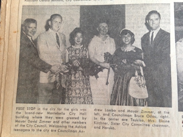 Newspaper photograph of Ashiya student ambassadors being welcomed at Montebello City Hall in 1964